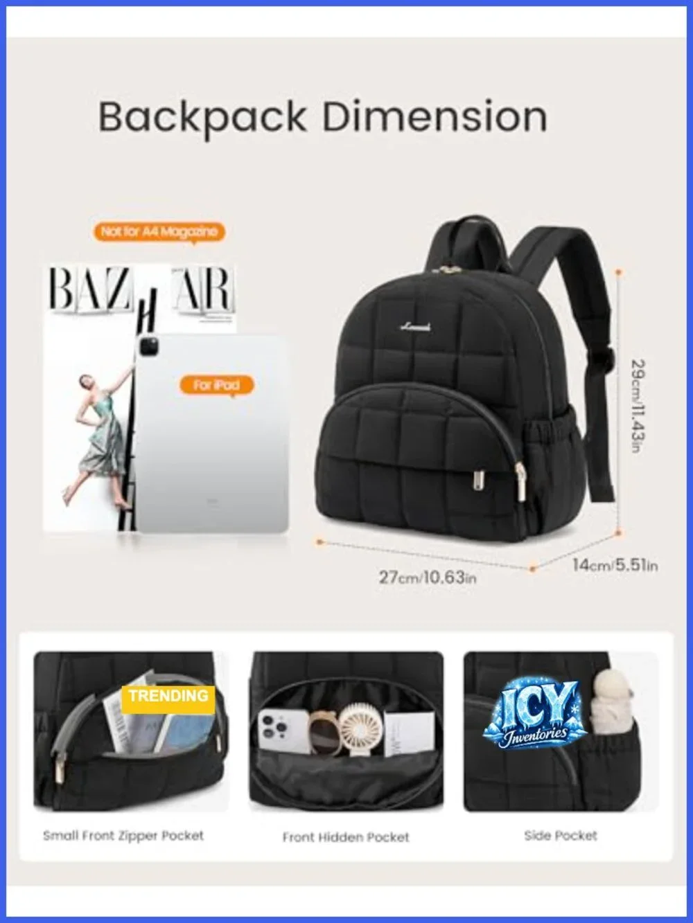Quilted Puffer Mini Backpack Purse Women Anti-Theft Water Bottle Pockets
